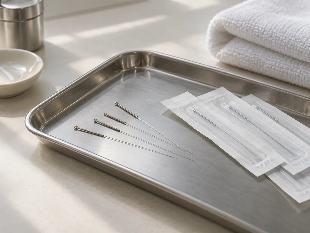 Illustrative still life of acupuncture needles and sterile packaging on a clinical tray